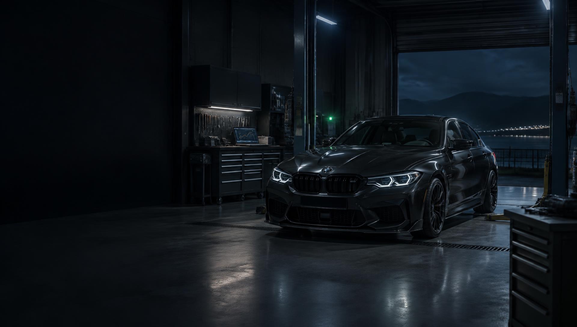 Performance vehicle inside a professional ECU tuning workshop